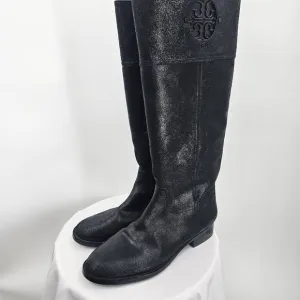 Tory Burch Kiernan Nubuck Leather Riding Boots | Black Logo Tall Boots | Size 8.