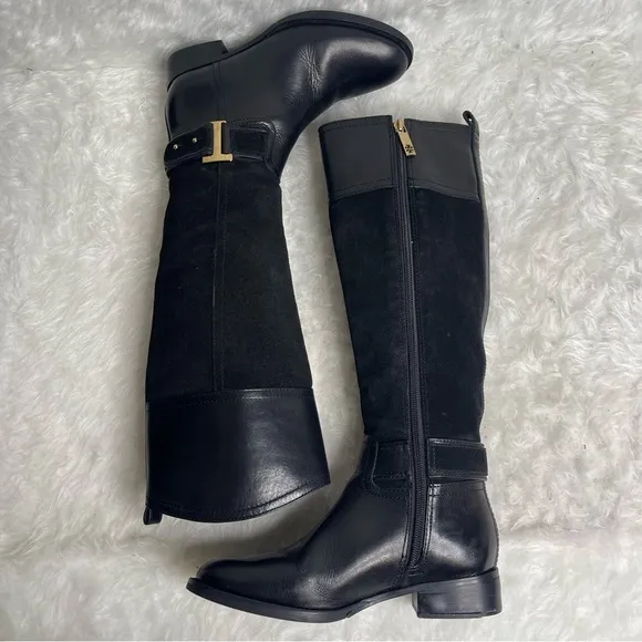 Tory Burch Riding Boots Tenley in Black Leather and Suede Size 5.5
