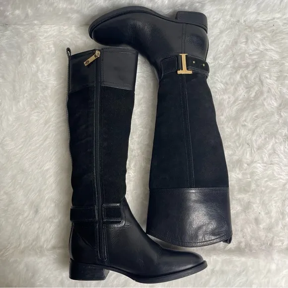 Tory Burch Riding Boots Tenley in Black Leather and Suede Size 5.5