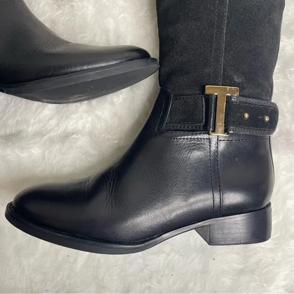 Tory Burch Riding Boots Tenley in Black Leather and Suede Size 5.5