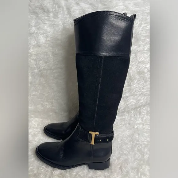 Tory Burch Riding Boots Tenley in Black Leather and Suede Size 5.5