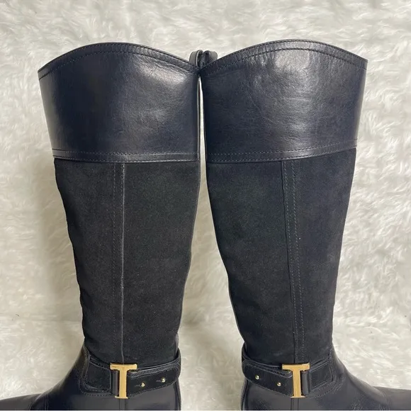 Tory Burch Riding Boots Tenley in Black Leather and Suede Size 5.5