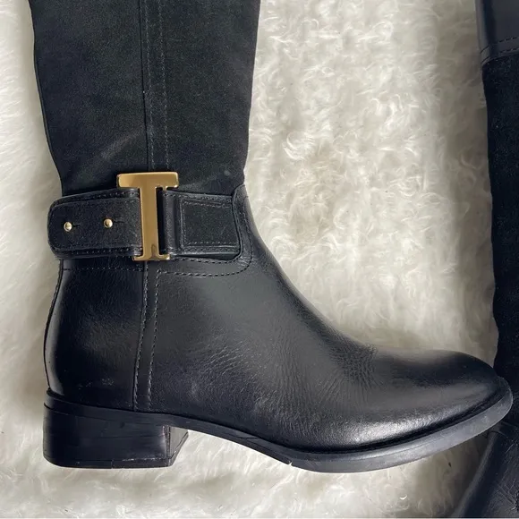 Tory Burch Riding Boots Tenley in Black Leather and Suede Size 5.5