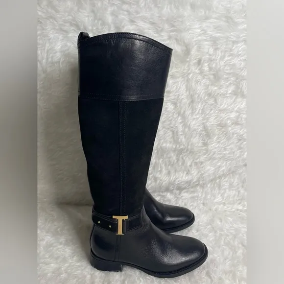 Tory Burch Riding Boots Tenley in Black Leather and Suede Size 5.5