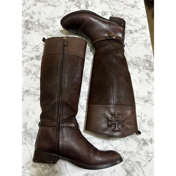 TORY BURCH Simone Boots 8 Brown Leather Stitched Logo Knee Tall Riding Zip Up