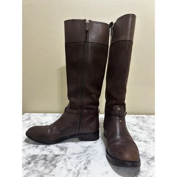 TORY BURCH Simone Boots 8 Brown Leather Stitched Logo Knee Tall Riding Zip Up