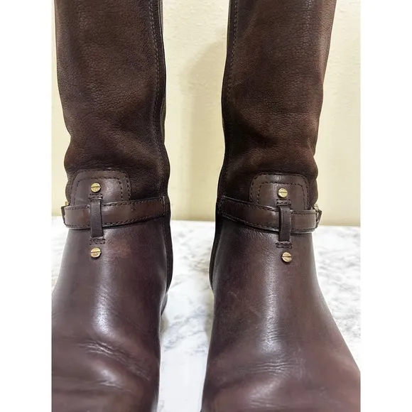 TORY BURCH Simone Boots 8 Brown Leather Stitched Logo Knee Tall Riding Zip Up