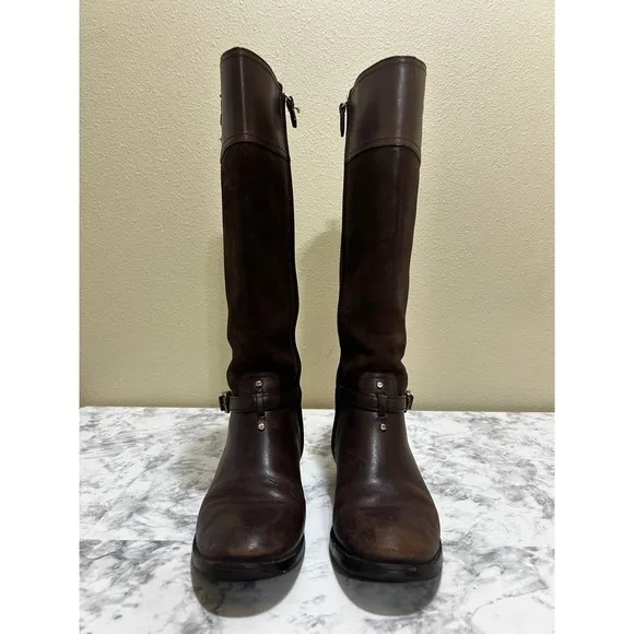 TORY BURCH Simone Boots 8 Brown Leather Stitched Logo Knee Tall Riding Zip Up