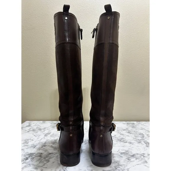 TORY BURCH Simone Boots 8 Brown Leather Stitched Logo Knee Tall Riding Zip Up