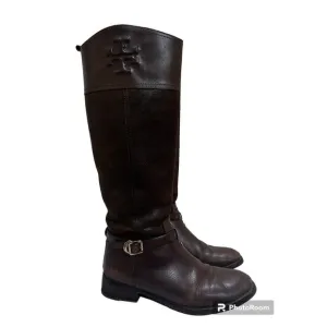 TORY BURCH Simone Boots 8 Brown Leather Stitched Logo Knee Tall Riding Zip Up
