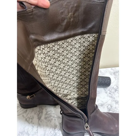 TORY BURCH Simone Boots 8 Brown Leather Stitched Logo Knee Tall Riding Zip Up