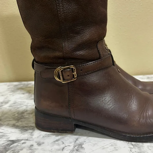 TORY BURCH Simone Boots 8 Brown Leather Stitched Logo Knee Tall Riding Zip Up