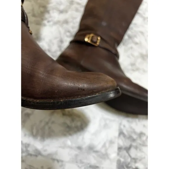 TORY BURCH Simone Boots 8 Brown Leather Stitched Logo Knee Tall Riding Zip Up