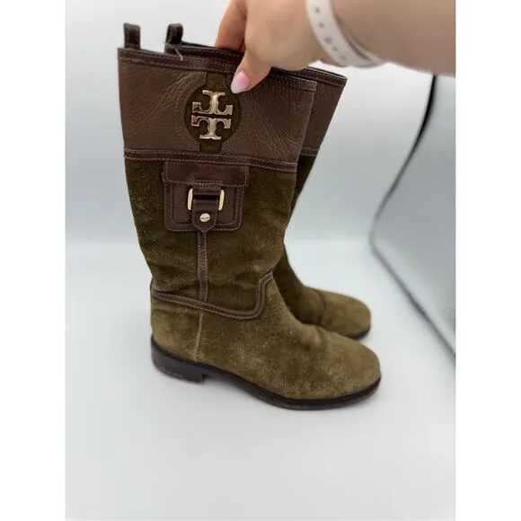 Tory Burch Womens Green Suede Mid Calf Riding Boots Size 6.5M