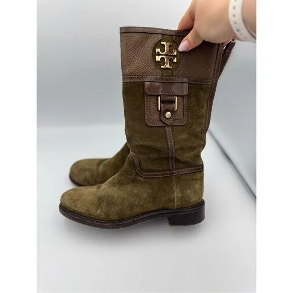 Tory Burch Womens Green Suede Mid Calf Riding Boots Size 6.5M