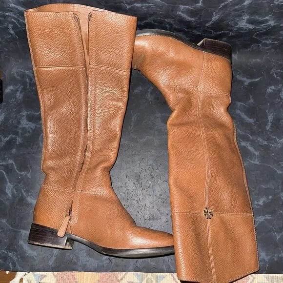 Tory Burch 'Jolie' Riding Boots Mid Calf Brown Leather Comfort Shoes Size 8M