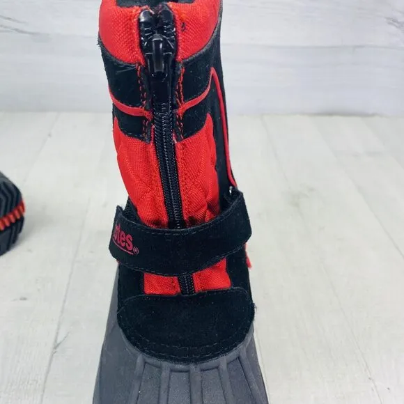 Totes BRADLEY Youth 12422 Leather Rubber Uppers Black Red Zip Snow Boots Sz 4 M