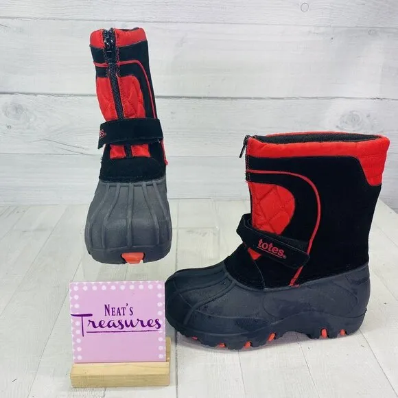 Totes BRADLEY Youth 12422 Leather Rubber Uppers Black Red Zip Snow Boots Sz 4 M