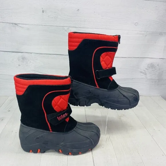 Totes BRADLEY Youth 12422 Leather Rubber Uppers Black Red Zip Snow Boots Sz 4 M