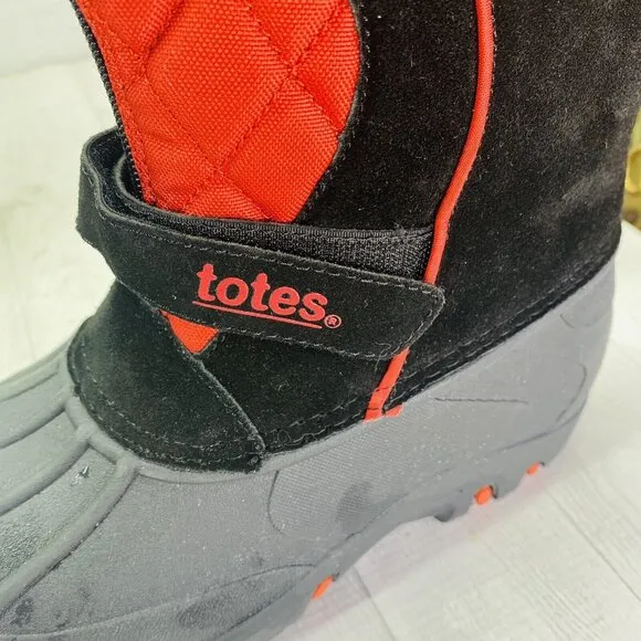 Totes BRADLEY Youth 12422 Leather Rubber Uppers Black Red Zip Snow Boots Sz 4 M