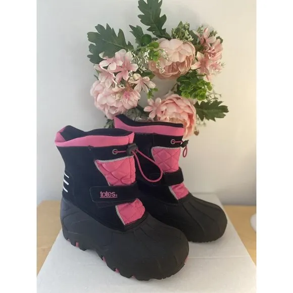 Totes Jillian Big Girls' Winter Pink Black Boots Size 4 Waterproof Rain Boot EUC