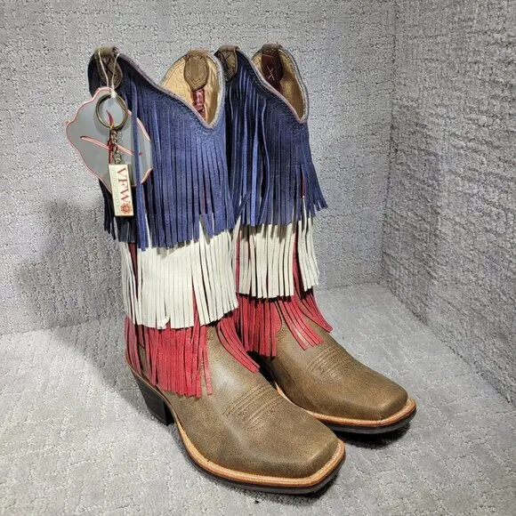 Twisted X Red White Blue Leather Vetrans War Fringe Boots Women's Size 7.5B US