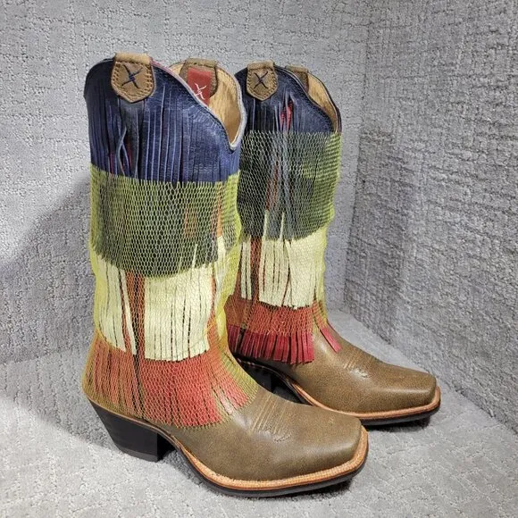 Twisted X Red White Blue Leather Vetrans War Fringe Boots Women's Size 7.5B US