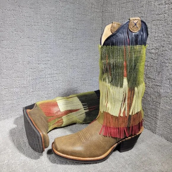 Twisted X Red White Blue Leather Vetrans War Fringe Boots Women's Size 7.5B US