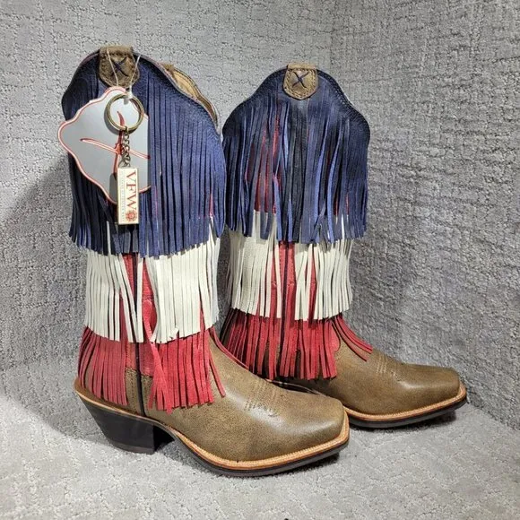 Twisted X Red White Blue Leather Vetrans War Fringe Boots Women's Size 7.5B US