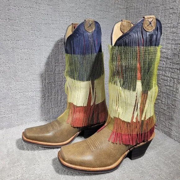 Twisted X Red White Blue Leather Vetrans War Fringe Boots Women's Size 7.5B US