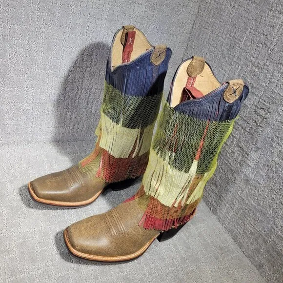 Twisted X Red White Blue Leather Vetrans War Fringe Boots Women's Size 7.5B US
