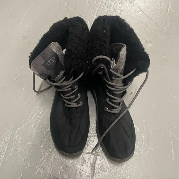 UGG Adirondacks Plaid Stout Black Leather Sheepskin Boots Size Women’s US 10