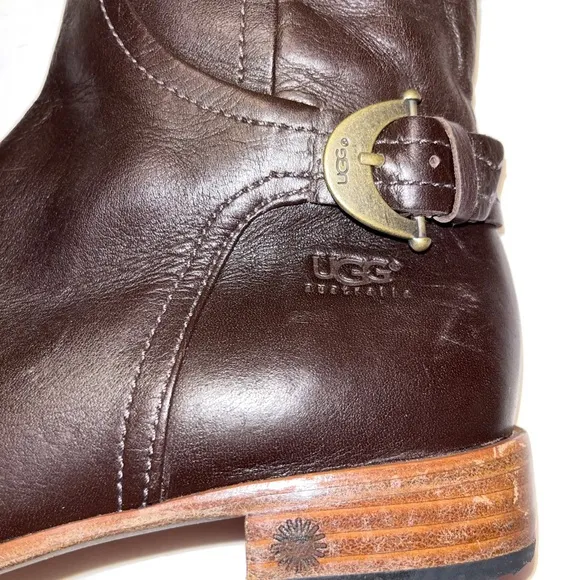 UGG Australia Amberlee Espresso Leather Equestrian Style Boots, Size 6
