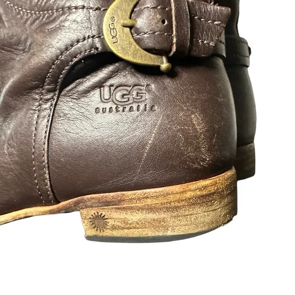 UGG Australia Amberlee Espresso Leather Equestrian Style Boots, Size 9.5