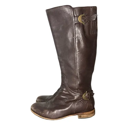 UGG Australia Amberlee Espresso Leather Equestrian Style Boots, Size 9.5