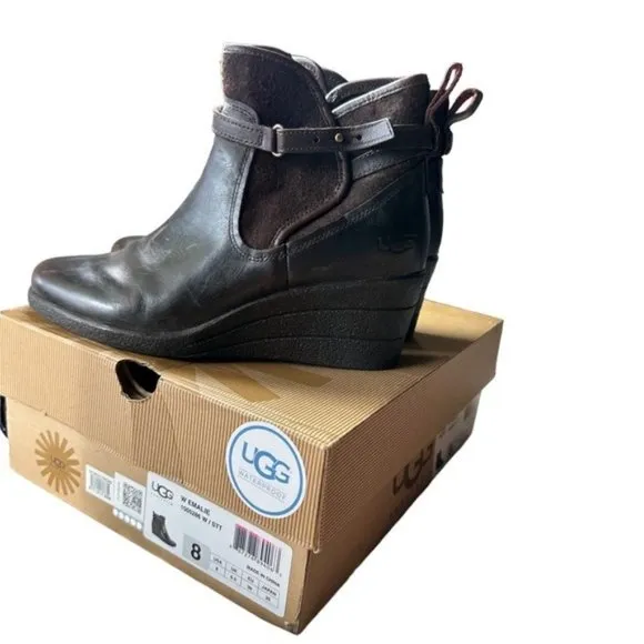 UGG Australia Emalie Women's Brown Leather Wedge Ankle Boots Size US 8