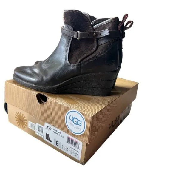 UGG Australia Emalie Women's Brown Leather Wedge Ankle Boots Size US 8