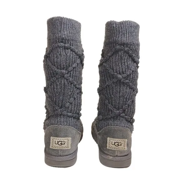 UGG Australia Sweater Boots Womens 7 Gray Classic Cardi Cable Knit Mid-Calf