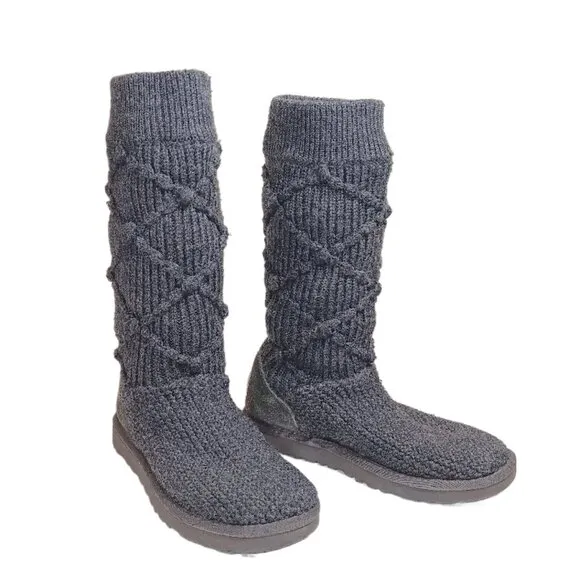 UGG Australia Sweater Boots Womens 7 Gray Classic Cardi Cable Knit Mid-Calf