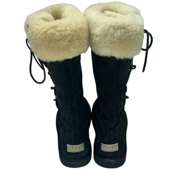 UGG Australia Upside Tall Black Suede Winter Boots Lace-Up Size 8
