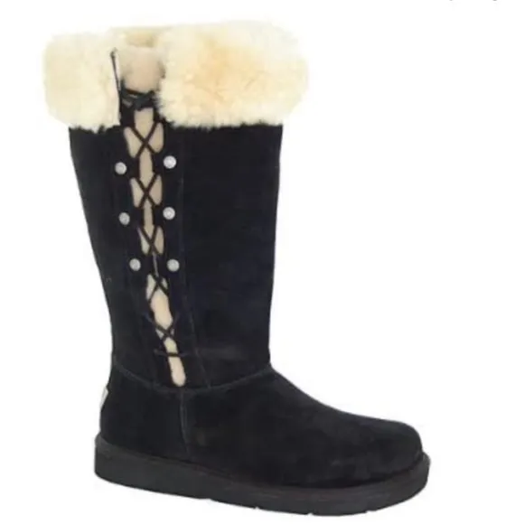 UGG Australia Upside Tall Black Suede Winter Boots Lace-Up Size 8