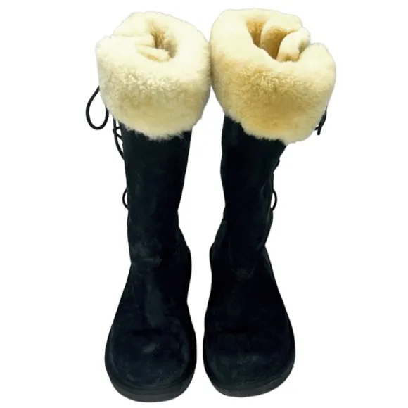 UGG Australia Upside Tall Black Suede Winter Boots Lace-Up Size 8