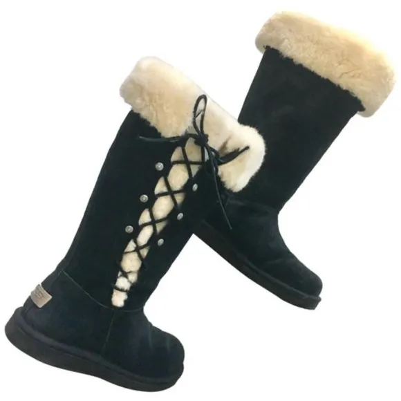 UGG Australia Upside Tall Black Suede Winter Boots Lace-Up Size 8
