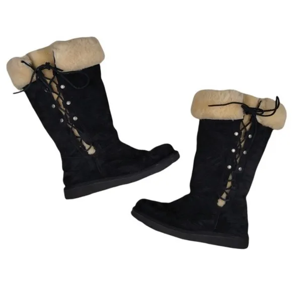 UGG Australia Upside Tall Black Suede Winter Boots Lace-Up Size 8