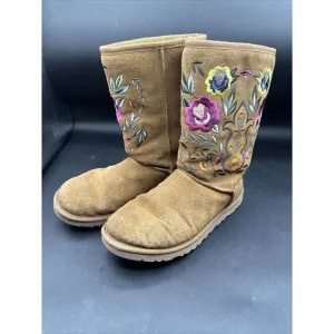 UGG Australia Womens 8 Tan Suede Floral Embroidered Juliette 10&quot; Boots Shearling