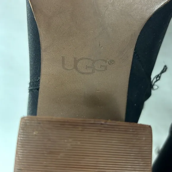 Ugg Black Leather Side Zip Ankle Chunky Heel Bootie Boots