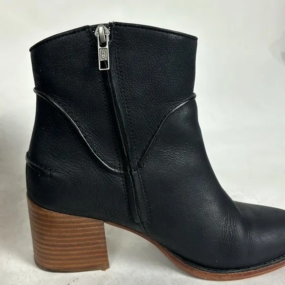 Ugg Black Leather Side Zip Ankle Chunky Heel Bootie Boots