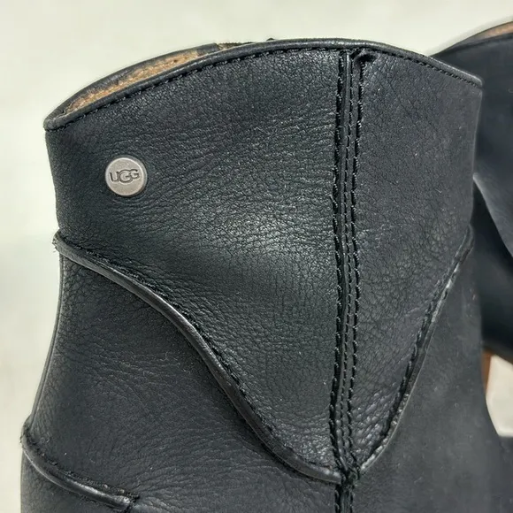 Ugg Black Leather Side Zip Ankle Chunky Heel Bootie Boots