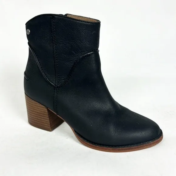 Ugg Black Leather Side Zip Ankle Chunky Heel Bootie Boots