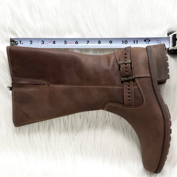 UGG Brown Distressed Buffed Leather Strappy Moto Sherpa Tall Riding Boots 9